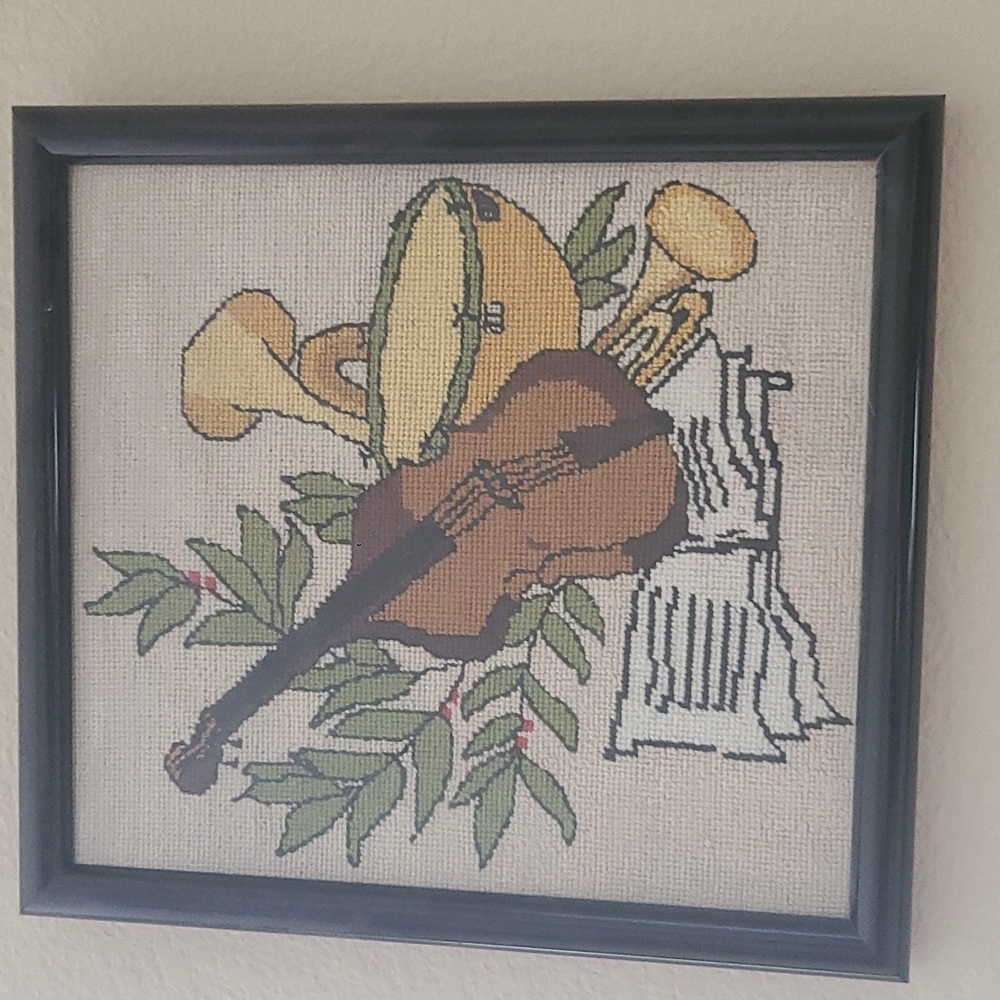 Music Needlepoint: Violin, Trumpet, Drum, Trombone, and Sheet Music. PRICE FIRM!